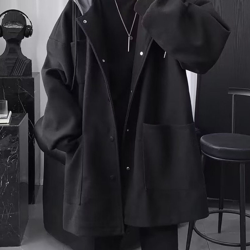 男夹克日系宽松英伦风韩版男冬季加厚黑色韩系衣服男宽松连帽外套
