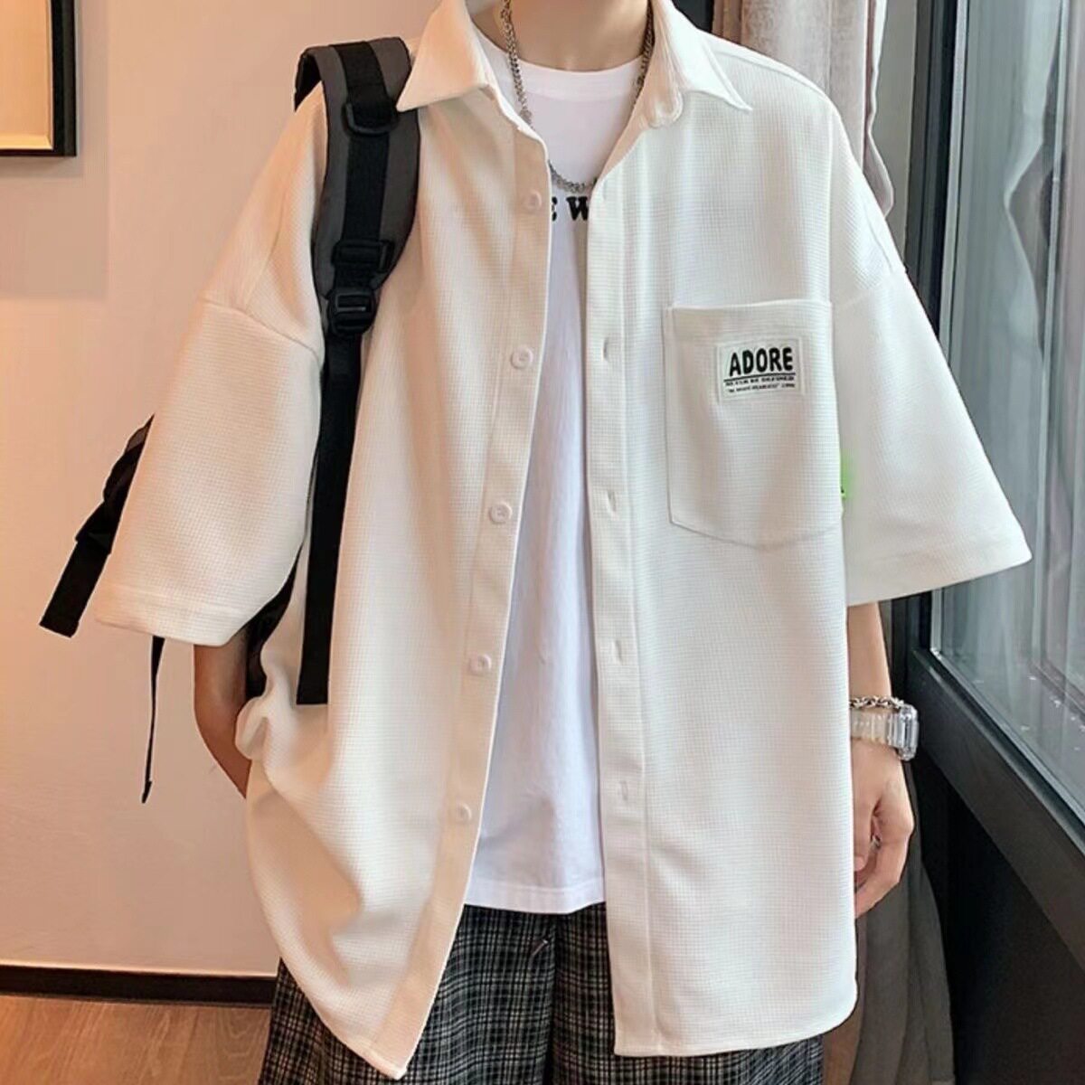 夏季日系短袖衬衫男生宽松百搭情侣时尚感休闲外穿半袖衬衣