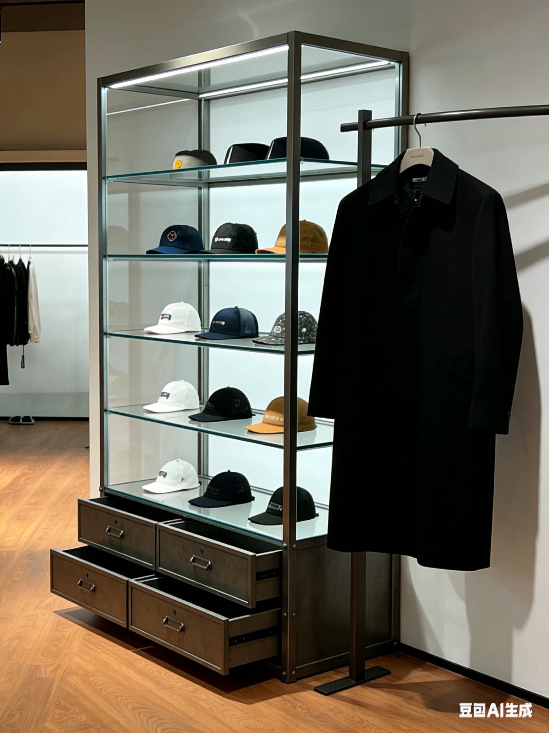 工业风金属玻璃展示柜台服装店帽子鞋子陈列柜复古铁艺包包置物架