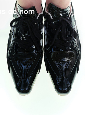 Pas de nom黑色末世 复古时髦系带漆皮德训 拼色尖头运动鞋拳击鞋