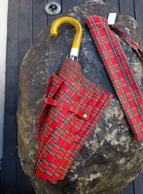 红色苏格兰皇家斯图尔特格纹复古英伦风木头伞柄加大双人用晴雨伞