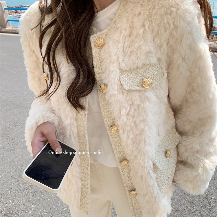 皮草小香风外套女冬天新款高级感可可仿兔毛大衣加厚圆领网红棉服