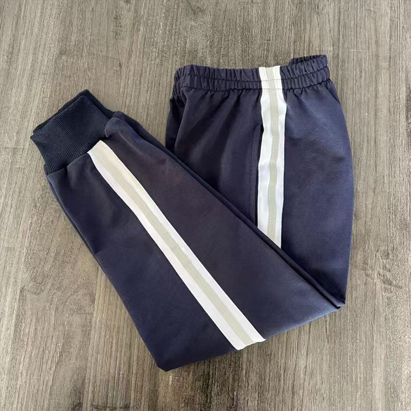 福建厦门藏蓝色校服裤子拼接宽白杠压反光条束脚宽松棉质学生长裤