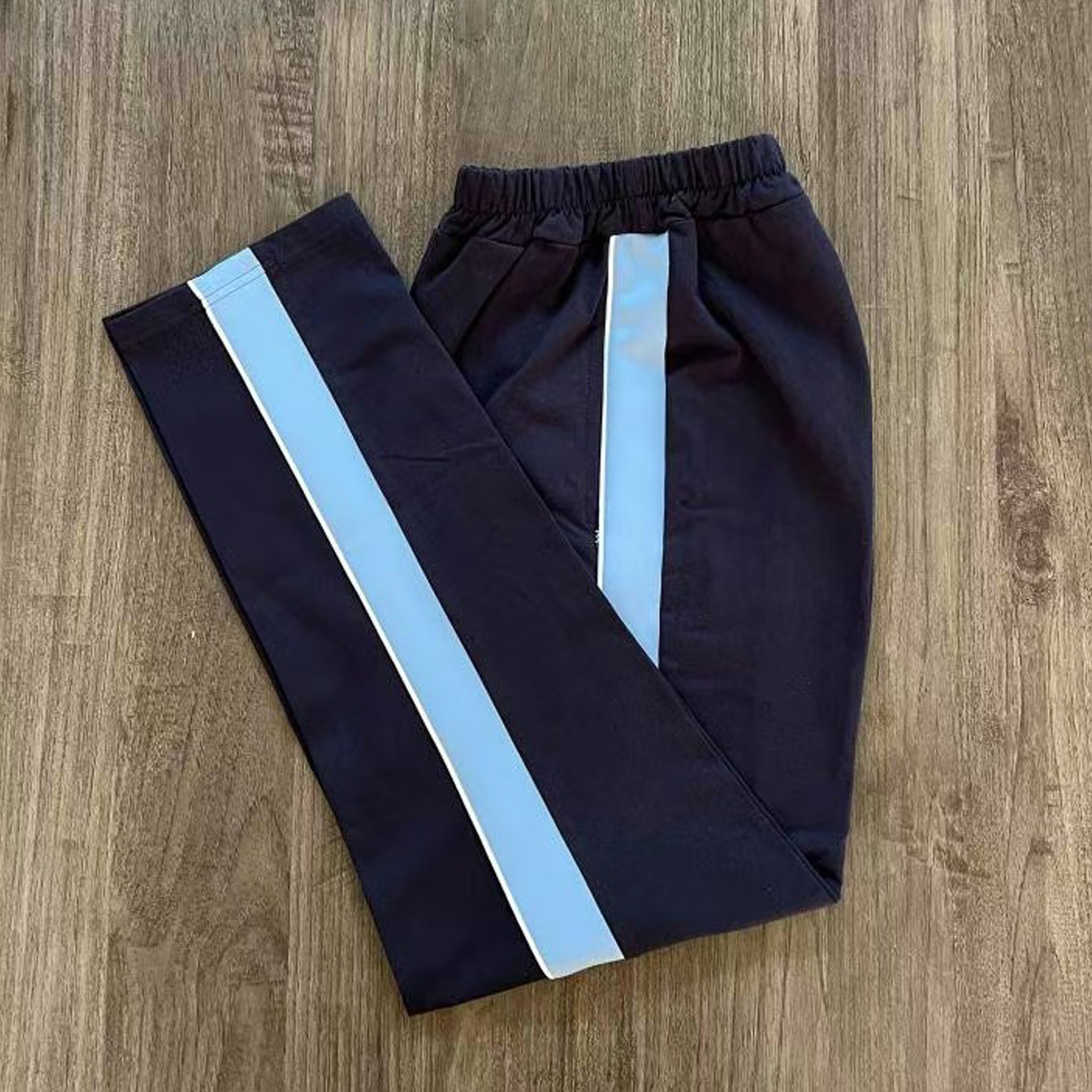 藏蓝春男女学生通用校服裤子前白绳后宽浅蓝杠耐磨运动长裤冬加绒