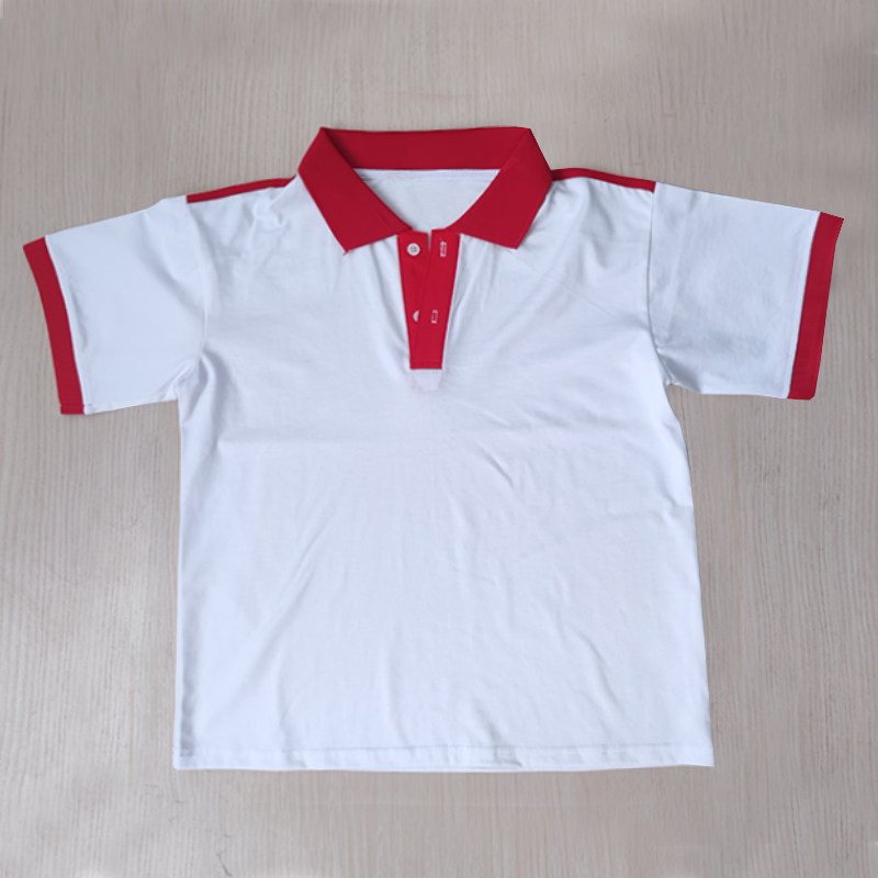 白色校服短袖大红领袖口大红边肩上红色反光两道杠班服T恤POLO衫