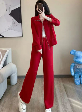 2025秋冬新款红色套装阔腿裤拉链宽松休闲运动服两件套大码长裤