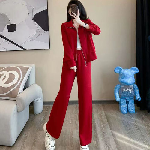 2026春秋红色套装休闲两件套裤子