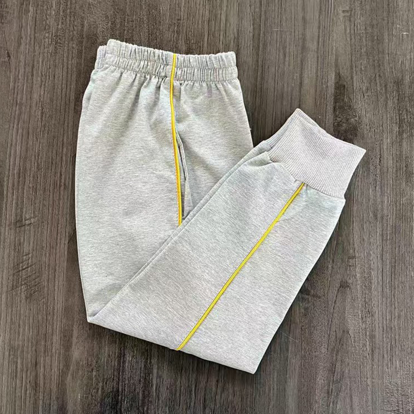浅灰色束脚拼一道浅黄绳高腰校服裤子四季校裤可定制休闲运动长裤