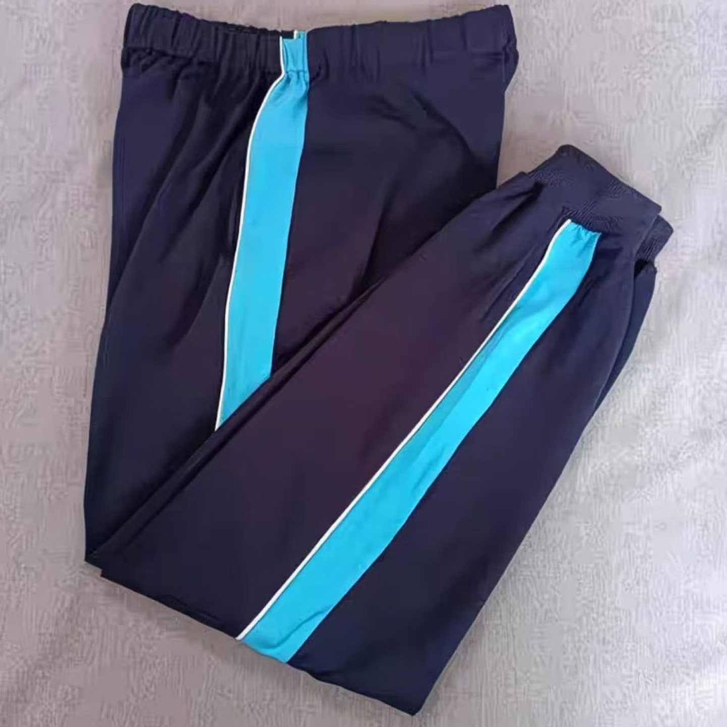 广东龙涛教育校服藏蓝长裤前白绳后湖蓝宽杠收口运动裤男女款定做