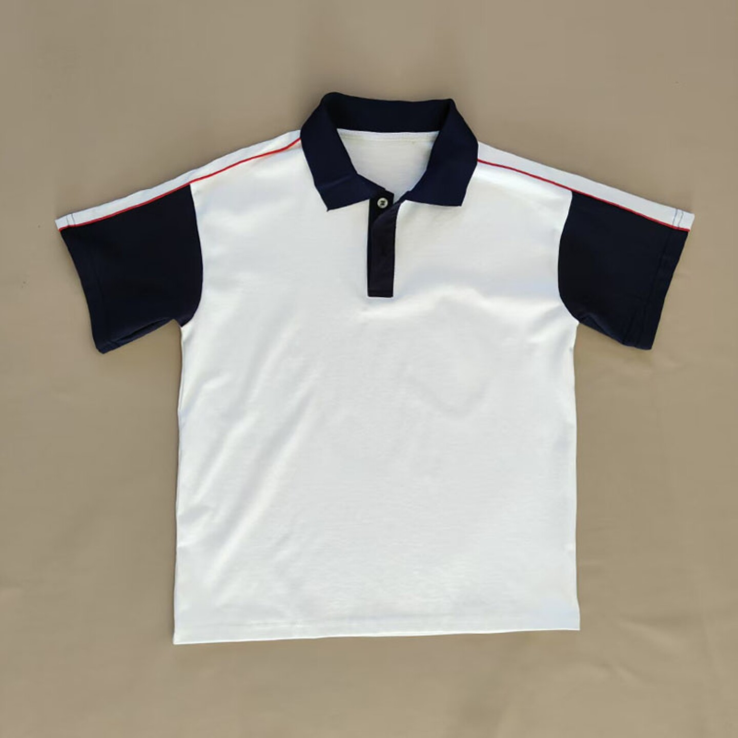 夏季棉质白色校服短袖藏蓝袖上拼红绳男女通用班服T恤POLO衫上衣