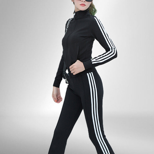 2025春季新品大码休闲卫衣套装女三条杠加绒喇叭裤两件套时尚运动