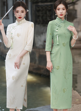 2026春新款蕾丝绣花改良绿色连衣裙长款减龄气质国风日常旗袍