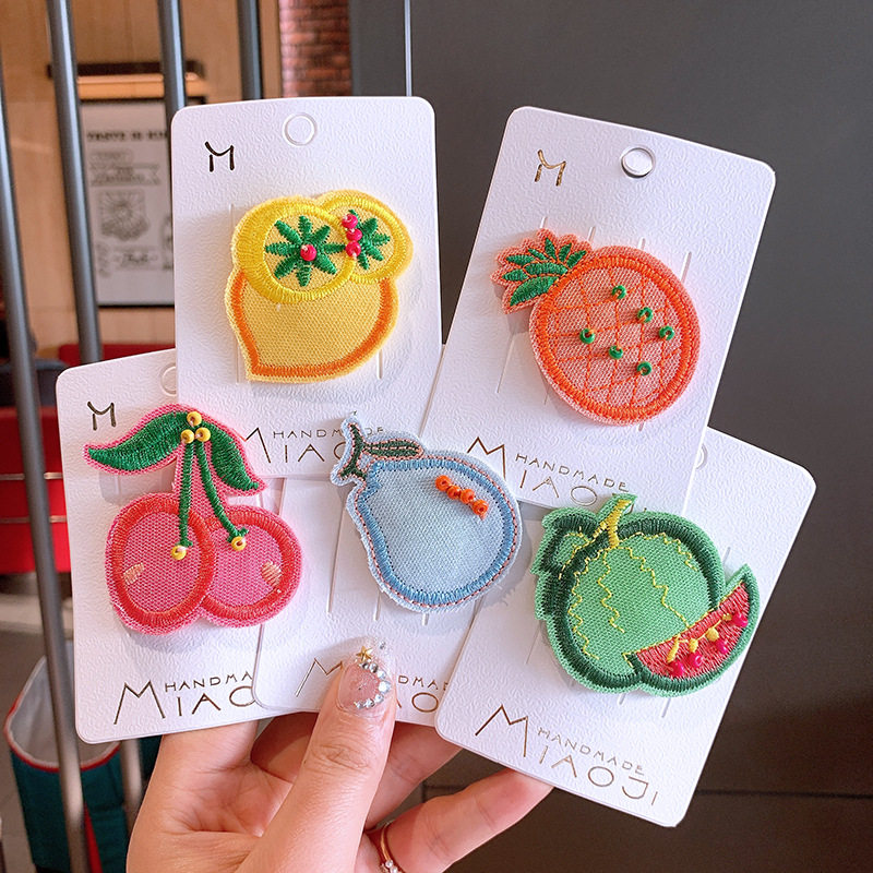 韩版新款荧光水果儿童发饰刺绣樱桃鸭梨发夹女童可爱边夹bb夹头饰