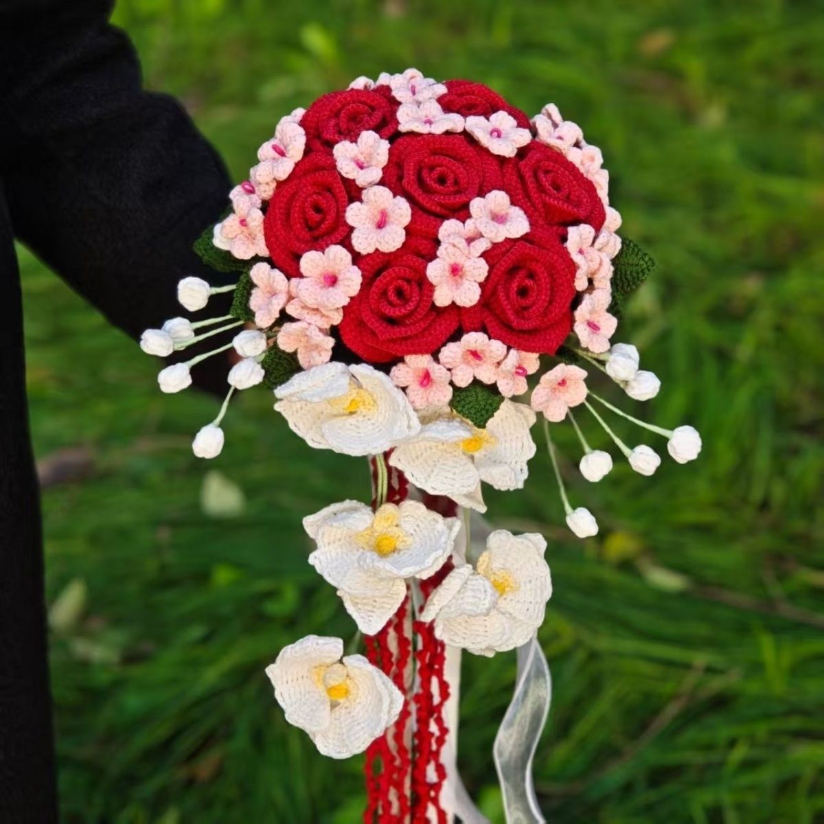 编织新娘瀑布手捧花毛线手工diy钩织材料包结婚礼物女友毛线花束