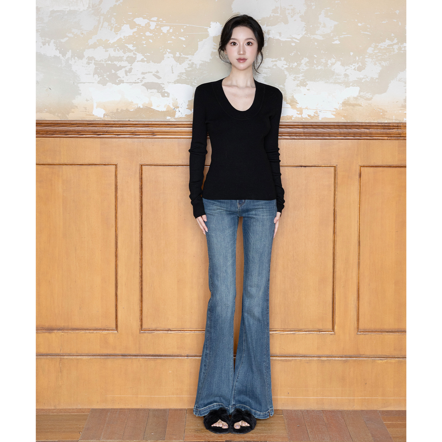 SerioLudere蛋仔很懒/  加绒藏蓝色显瘦微喇百搭牛仔棉九分牛仔裤