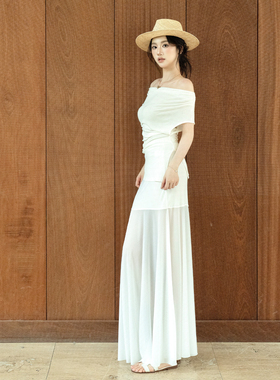 SerioLudere蛋仔很懒/ 白色松紧腰遮跨显瘦百搭半裙拼接修身纱裙