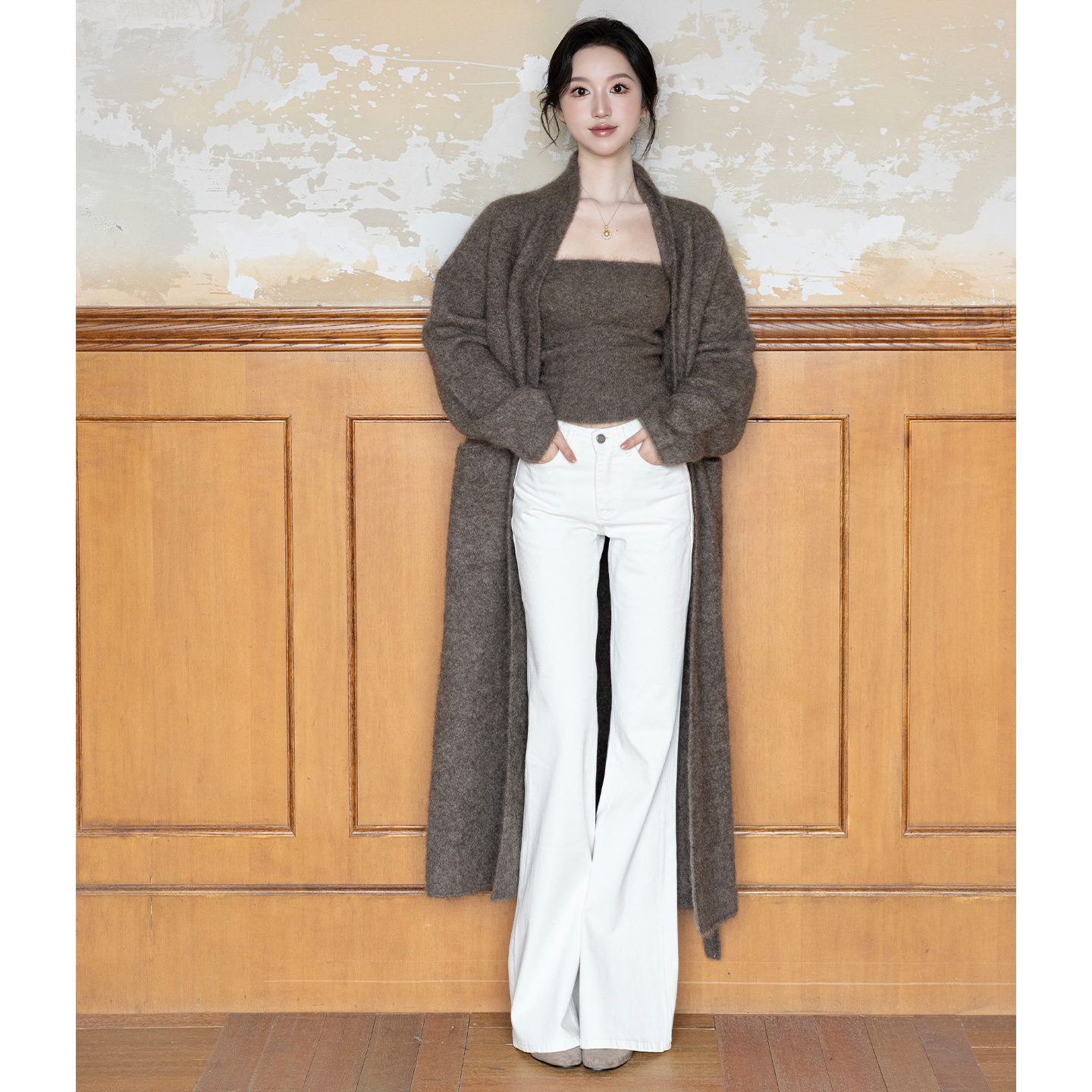 SerioLudere蛋仔很懒/ 深咖色羊毛抹胸内搭长款收腰开衫外套 套装