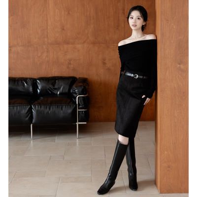 SerioLudere蛋仔很懒/黑色高腰直筒百搭时髦通勤风开叉麂皮半身裙