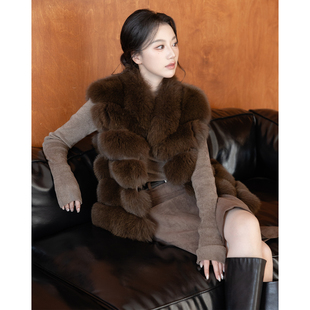 SerioLudere蛋仔很懒 深咖色时髦百搭不臃肿100狐狸毛马甲皮草女