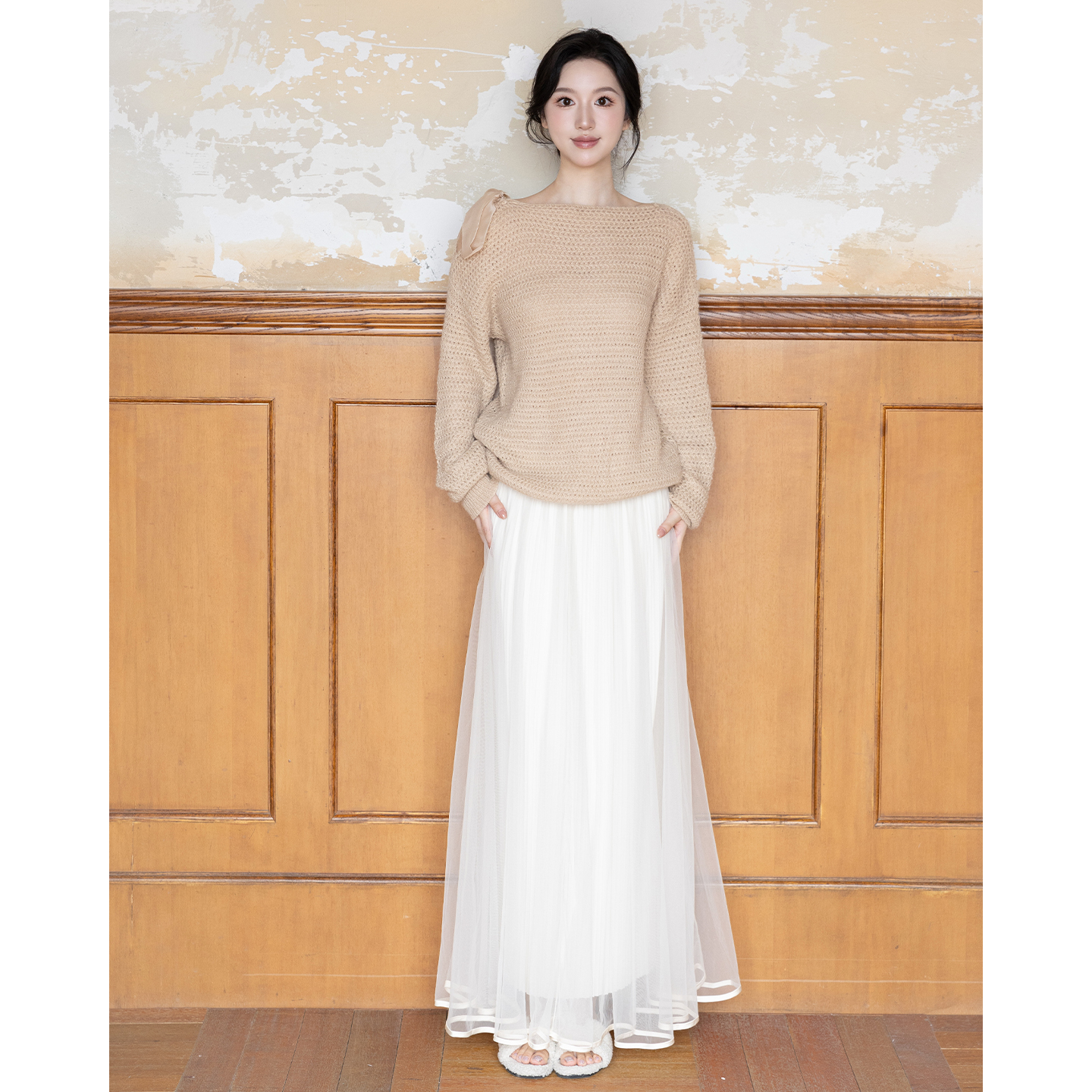 SerioLudere蛋仔很懒/ 蝴蝶结慵懒宽松羊毛套头毛衣+双层半身纱裙