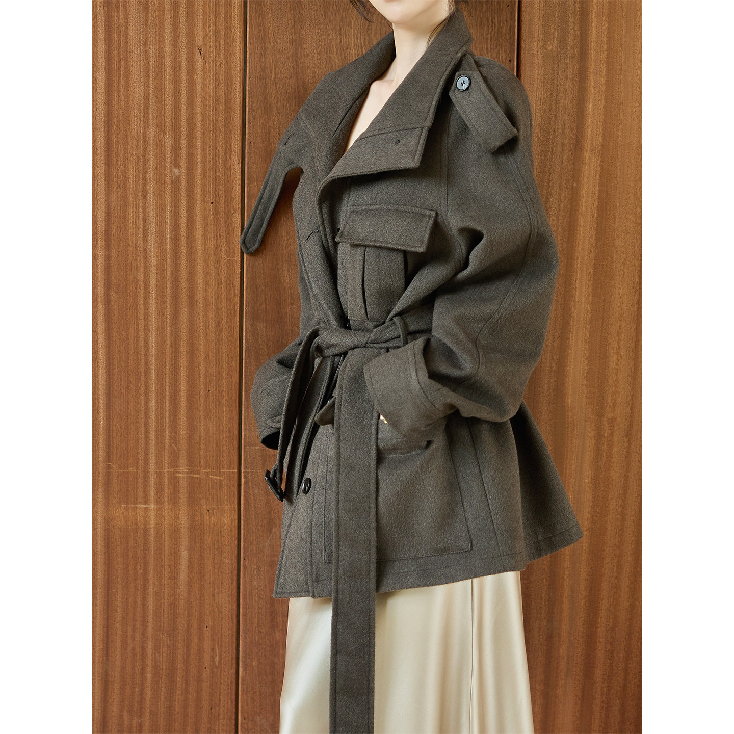 SerioLudere蛋仔很懒/ 灰色oversized绑带保暖收腰可立领短款外套