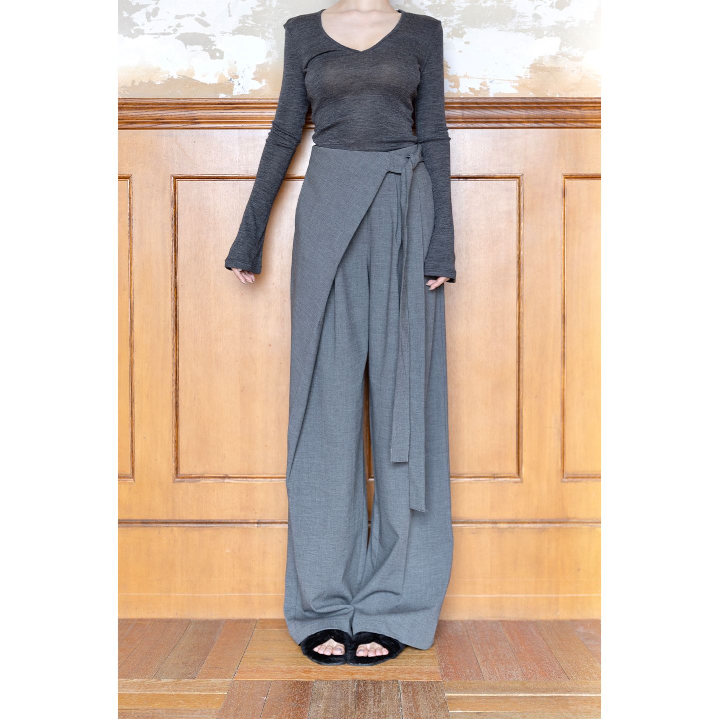 SerioLudere蛋仔很懒/灰色设计感羊毛绑带百搭时髦拖地阔腿休闲裤