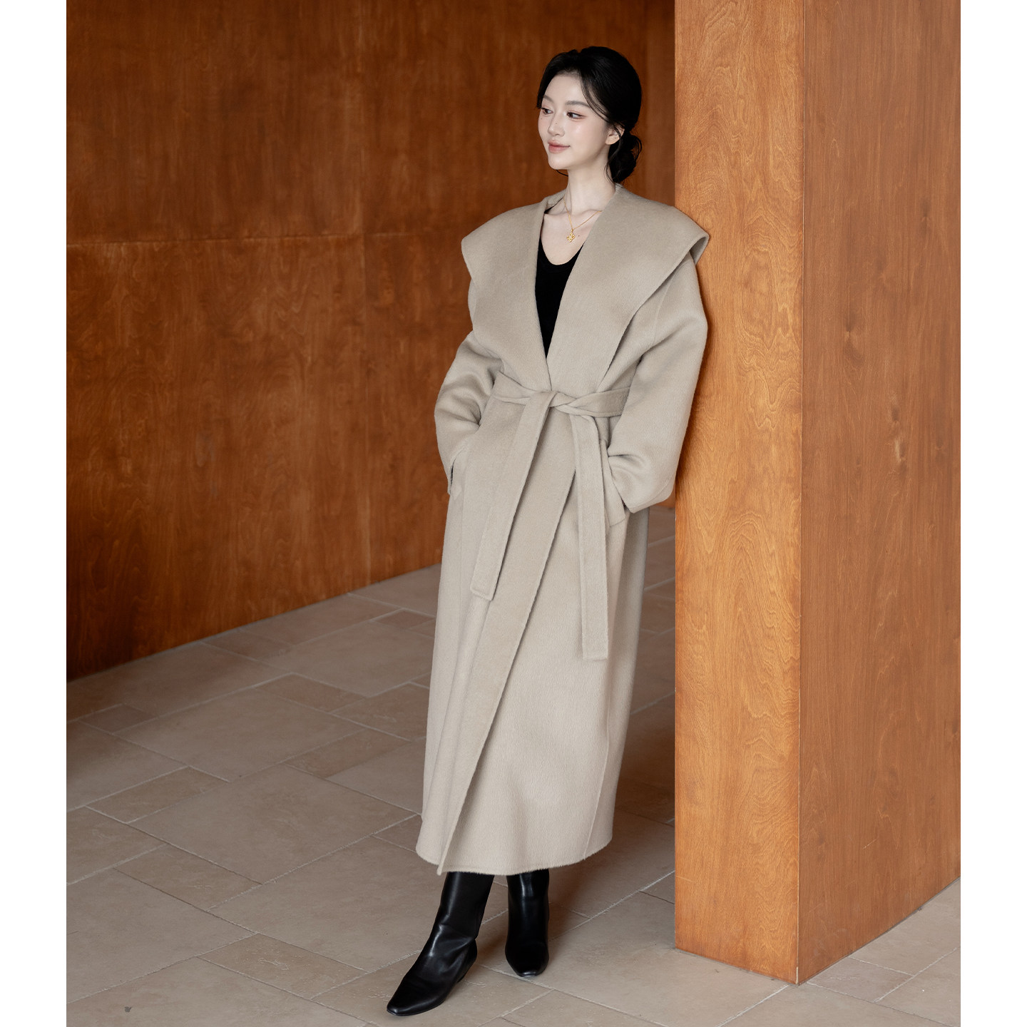 SerioLudere蛋仔很懒/ 100%羊毛米灰oversized大衣翻领毛呢外套女