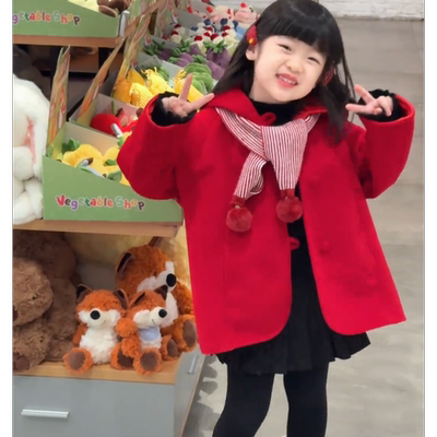 女童红色新年款连帽双面呢大衣中长款加绒加厚保暖毛呢外套冬