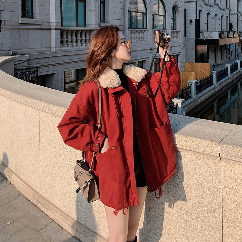 红色加绒短款派克棉服女冬本命年棉袄2025新款女生棉衣厚外套