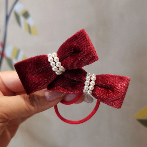 韩国珍珠丝绒蝴蝶结儿童发绳发夹