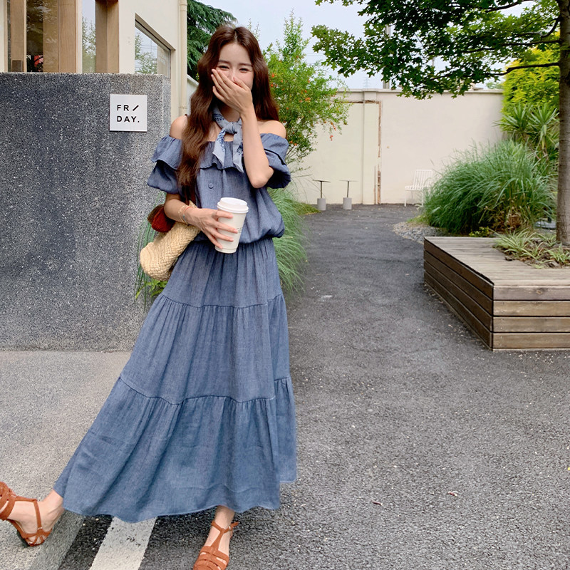 深蓝色高级感气质套装裙女2025年夏季新款木耳边上衣半身裙两件套,女装套装/套裙,2D109