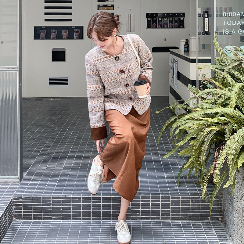 小香风撞色印花外套半身裙套装女春秋新款高级感气质名媛两件套潮,女装套装/套裙,2D109