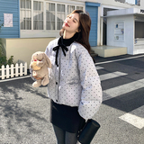 韩系chic蓝色波点羽绒服女冬超火好看高级小众短款加厚面包服外套，女装羽绒服，2D109