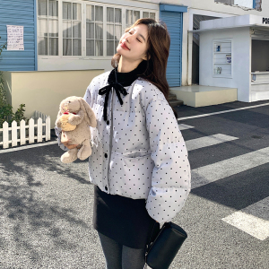 韩系chic蓝色波点羽绒服女冬超火好看高级小众短款加厚面包服外套图片