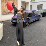 韩系慵懒风轻熟减龄套装女2025秋季休闲披肩条纹吊带阔腿裤三件套，女装套装/套裙，2D109