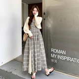 设计感格纹蕾丝吊带连衣裙两件套女春秋2025新款显瘦流行爆款长裙，女装套装/套裙，2D109