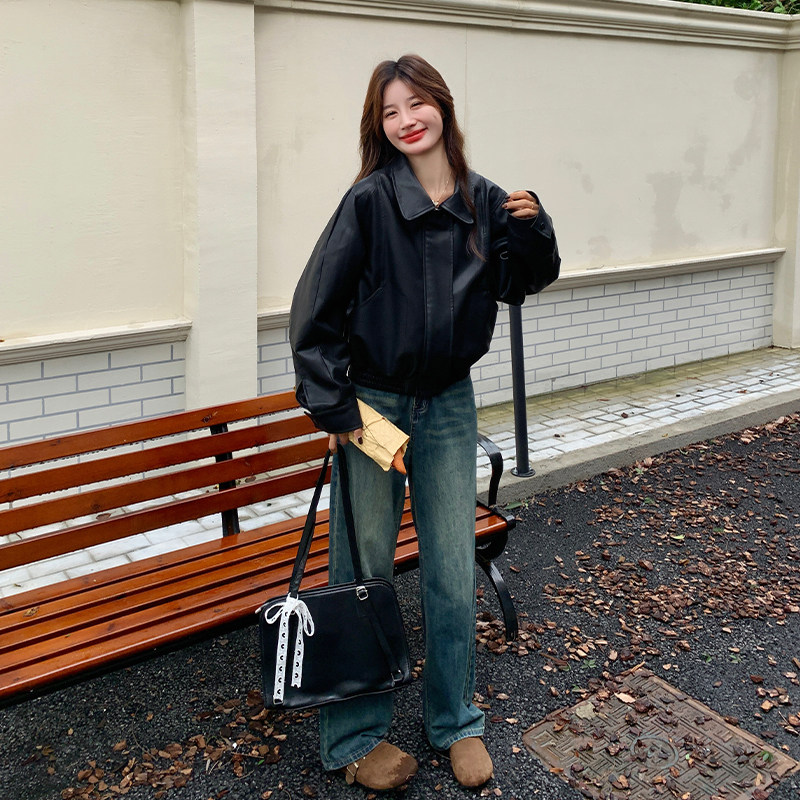 黑色美式复古皮衣外套女2025秋季新款韩版小个子休闲机车PU皮夹克图片