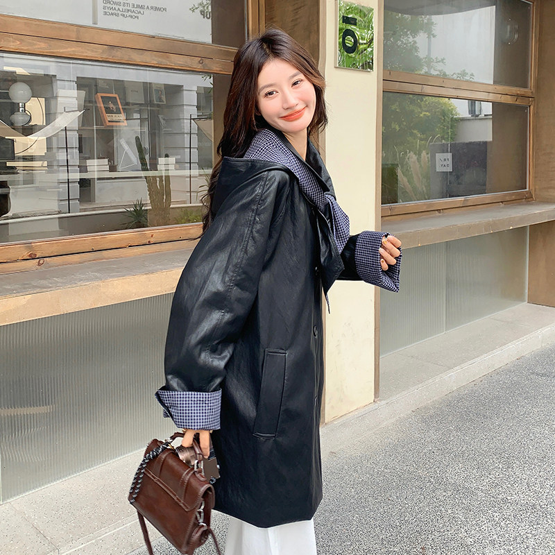格纹撞色拼接连帽皮衣外套女2025早春秋韩系气质设计感中长款风衣,女装皮衣,2D109