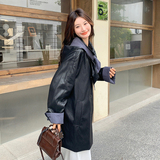 格纹撞色拼接连帽皮衣外套女2025早春秋韩系气质设计感中长款风衣，女装皮衣，2D109
