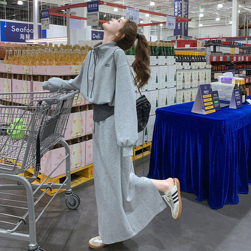 韩版灰色运动休闲套装裙女2025春季新款时尚立领卫衣半身裙两件套,女装套装/套裙,2D109