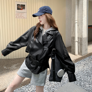 黑色设计感绑带收腰皮衣女2025新款秋季休闲美式复古pu皮外套上衣图片