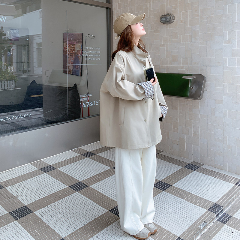 韩系格子拼接设计风衣外套女2025秋季新款宽松中长款立领夹克外套,女装风衣,2D109