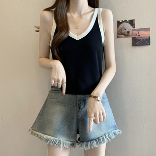 新款 胖mm甜辣妹短款 设计感V领小吊带背心女夏季 大码 上衣爆款 小衫