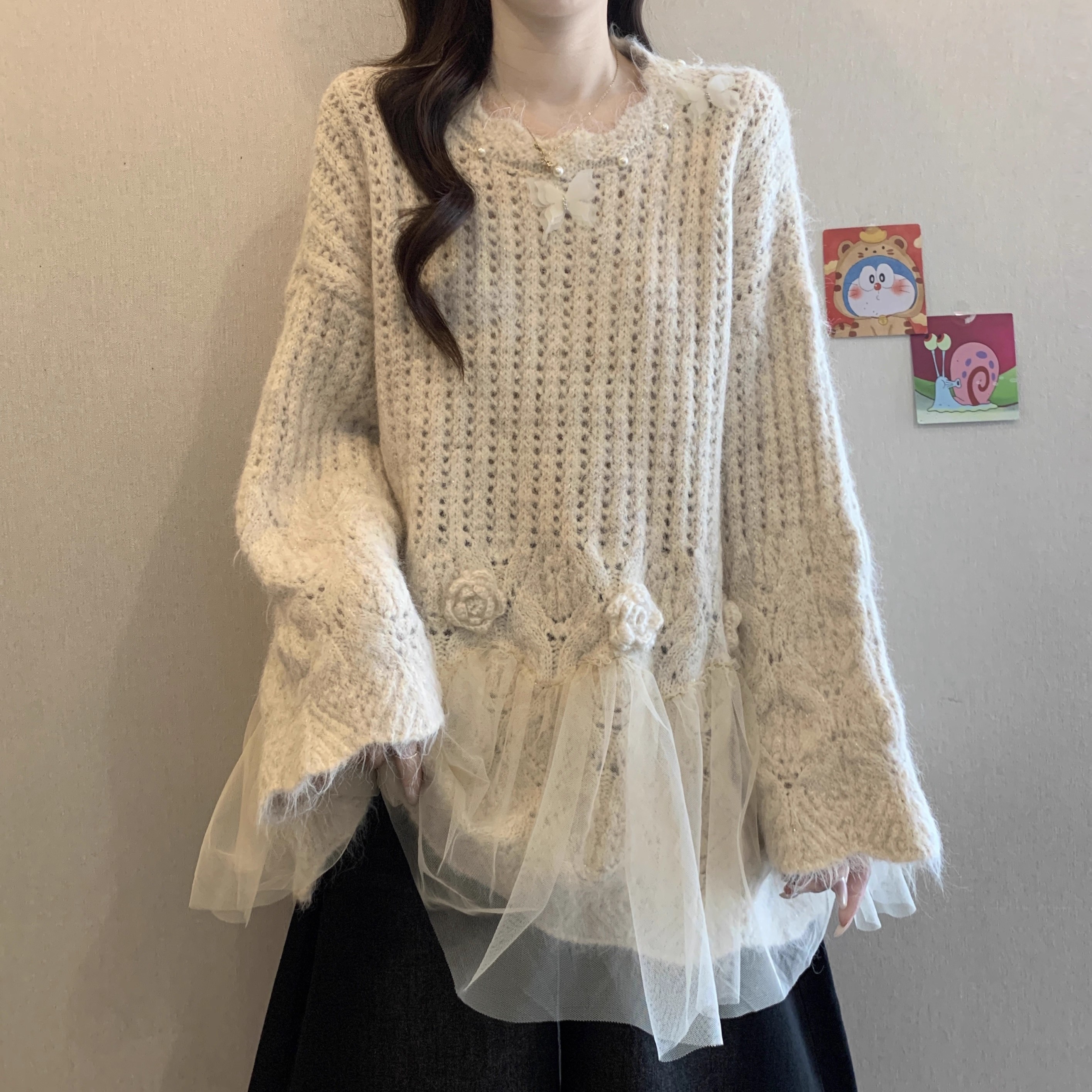 大码立体花朵镂空针织衫毛衣女