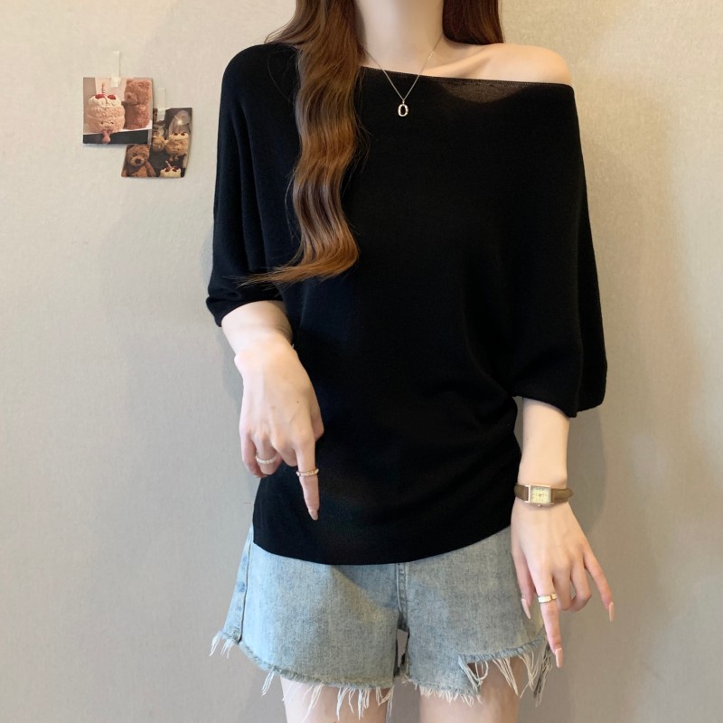 法式一字肩蝙蝠短袖针织衫女夏季