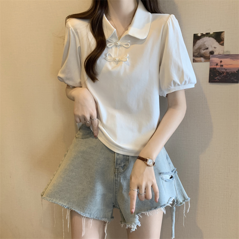 正肩Polo领泡泡短袖衬衫女夏季款大码胖mm显瘦新中式上衣漂亮小衫