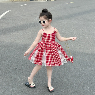 女童韩版吊带裙2025夏季新款儿童红格子拼接蕾丝裙摆甜美连衣裙子