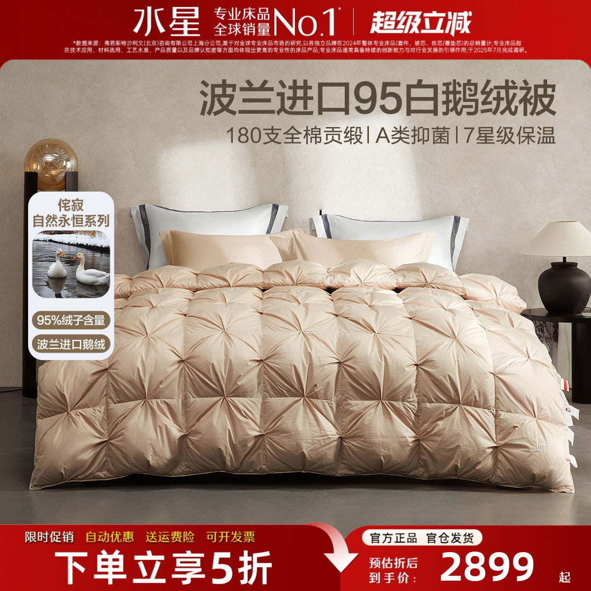 水星家纺波兰进口鹅绒被95白鹅绒冬被5A级鹅绒被芯春秋被暖气被子