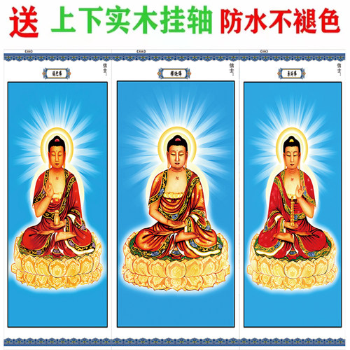 三宝画像释迦佛阿弥陀佛药师佛挂画道场道佛像水陆画卷轴一套三轴