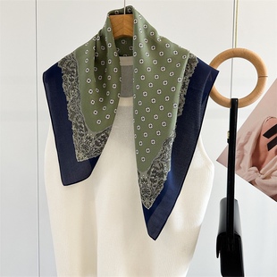 复古绿色日系100%真丝双绉方巾春秋装饰小围巾发带女式围巾轻奢感
